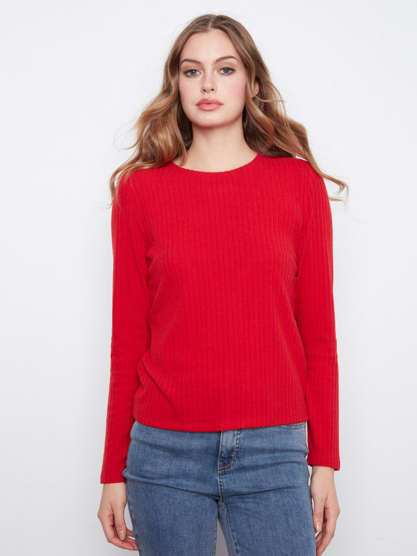 Brushed Ribbed Crew Neck Top - Equestrian