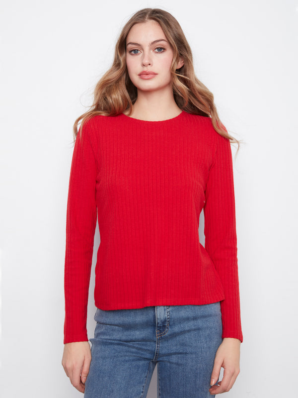 Brushed Ribbed Crew Neck Top - Equestrian