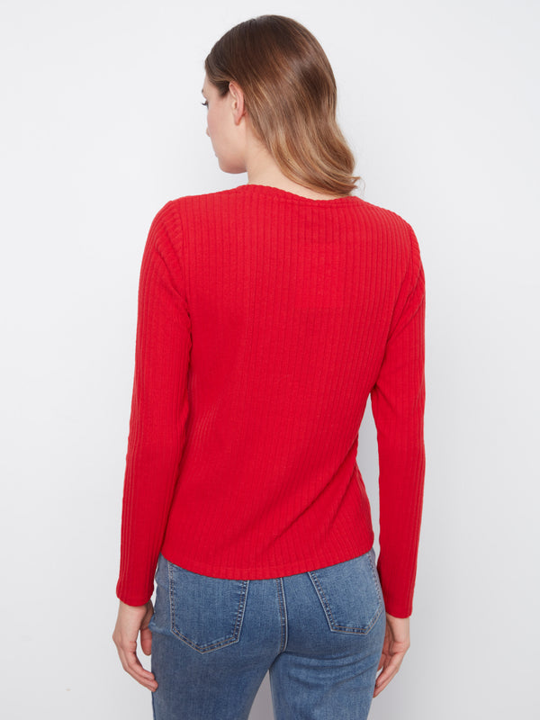Brushed Ribbed Crew Neck Top - Equestrian