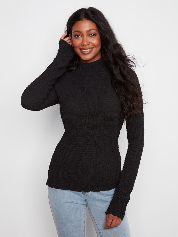 Bubble Knit Mock Neck Top - Black