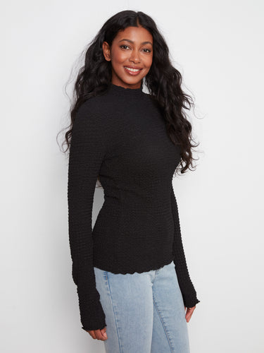 Elegant black bubble knit top with a mock neck and unique texture, perfect for any occasion by Charlie B.