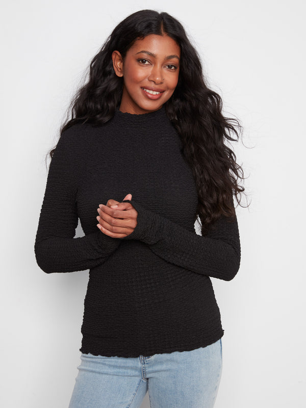 Bubble Knit Mock Neck Top - Black