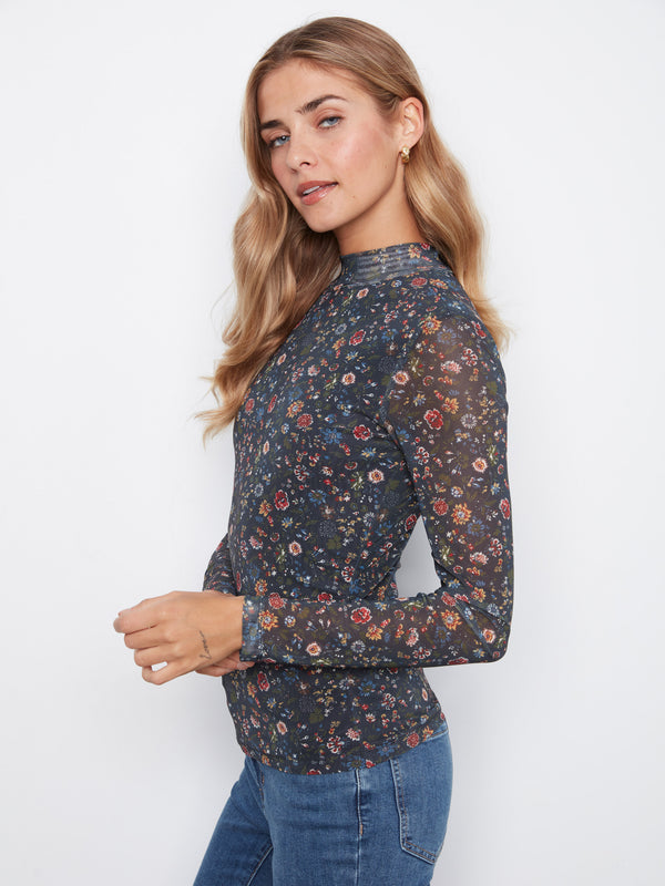 Printed Mesh Mock Neck Top - Folk