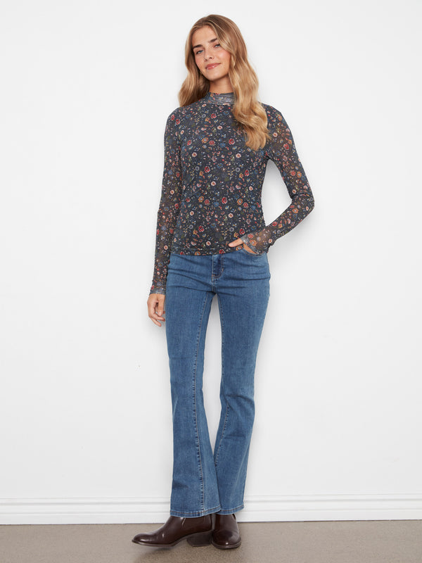 Printed Mesh Mock Neck Top - Folk
