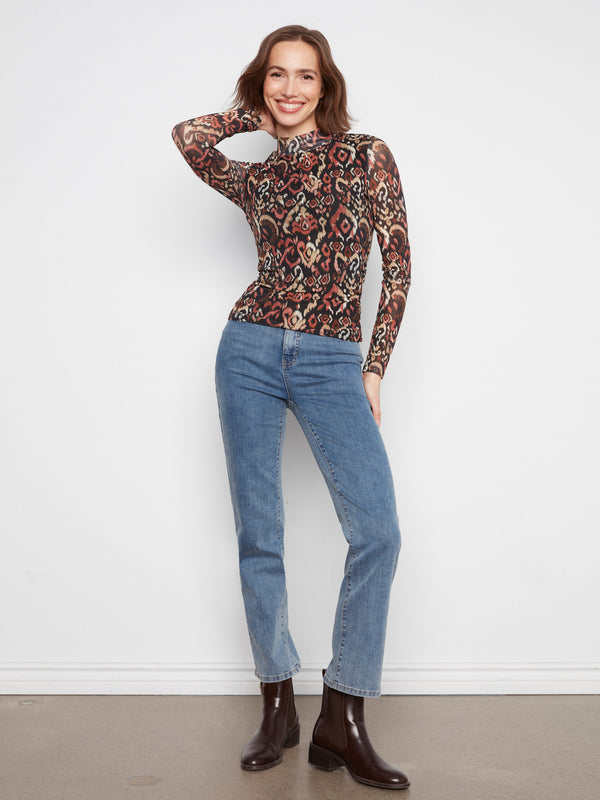 Printed Mesh Mock Neck Top - Kaia