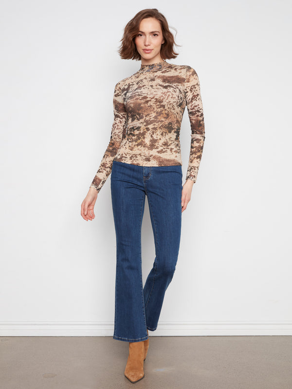 Printed Mesh Mock Neck Top - Country