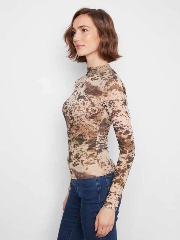 Printed Mesh Mock Neck Top - Country