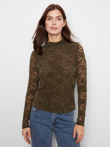 Long-sleeve olive lace top with a mock neck, designed to provide a chic silhouette effortlessly by Charlie B.