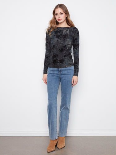 Chic midnight floral top featuring a comfortable slim fit and stylish side ruching details, by Charlie B.