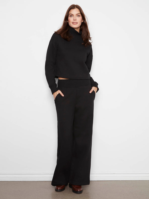 Wide Leg French Terry Pull-On Pants - Black