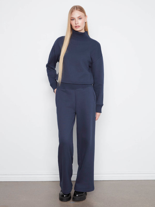 Wide Leg French Terry Pull-On Pants - Midnight