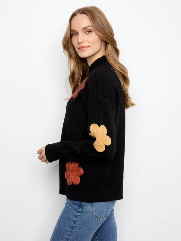 Floral Appliqué Sweater - Black