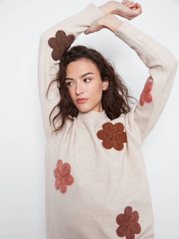 Floral Appliqué Sweater - Heather Almond