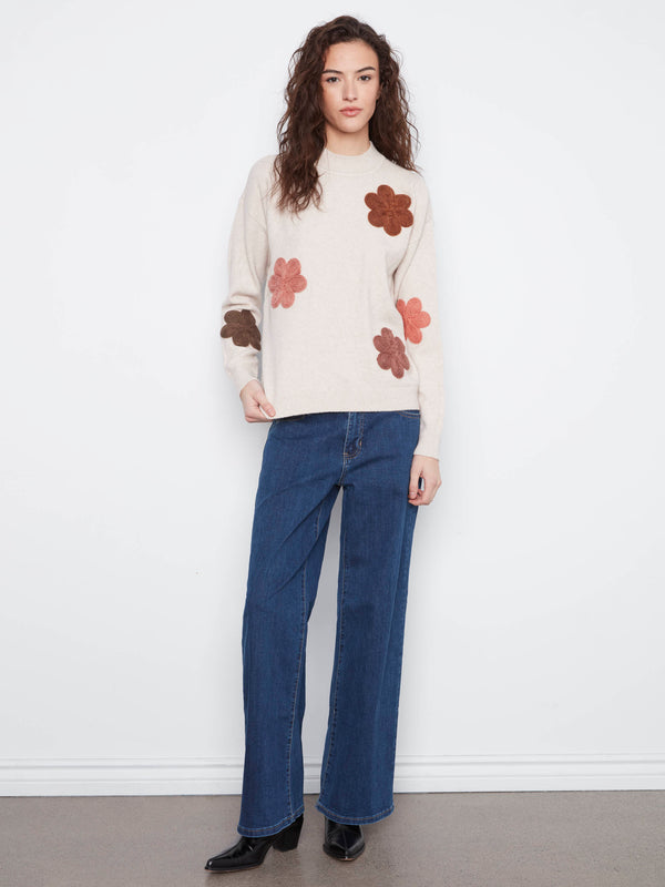 Floral Appliqué Sweater - Heather Almond