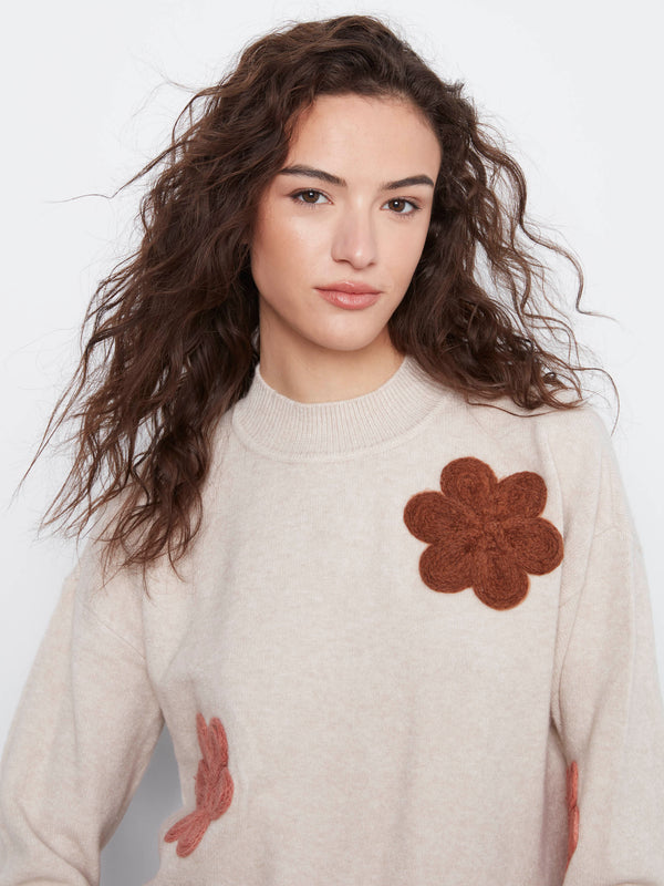 Floral Appliqué Sweater - Heather Almond
