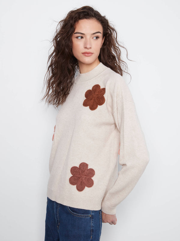Floral Appliqué Sweater - Heather Almond
