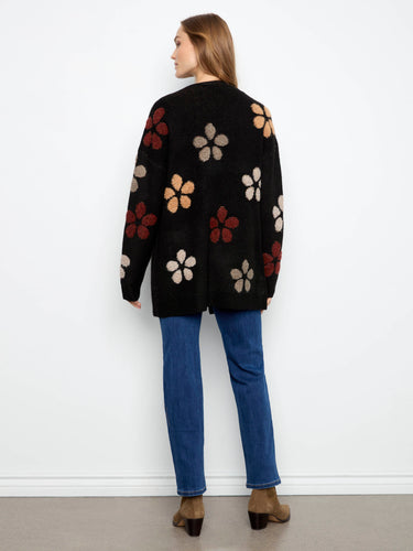 Stylish longline silhouette cardigan, showcasing vibrant floral patterns by Charlie B.