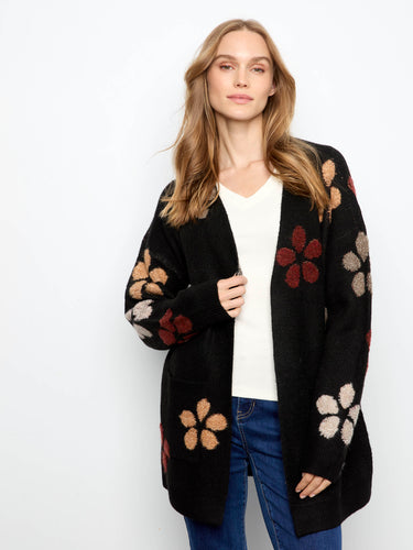 Elegant black cardigan with bouclé flowers and a cozy open front by Charlie B.
