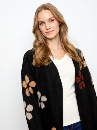 Fashionable black cardigan, detailed with patch pockets and florals by Charlie B.