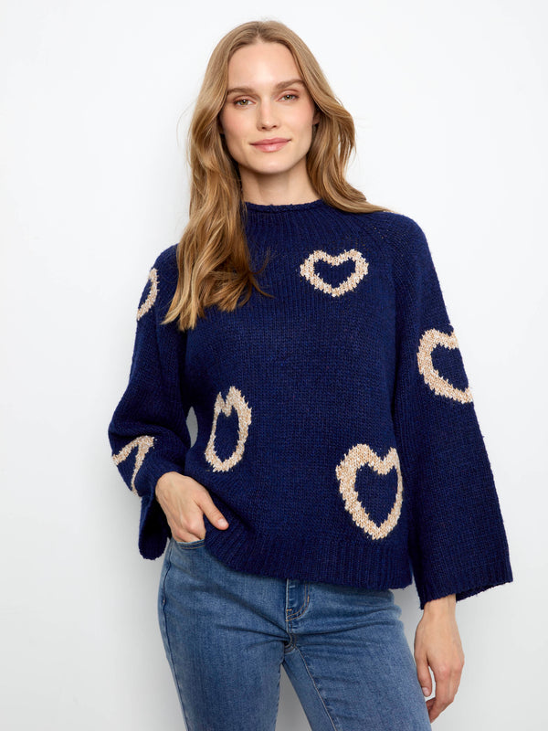 Heart Mock Neck Knit Sweater - Navy