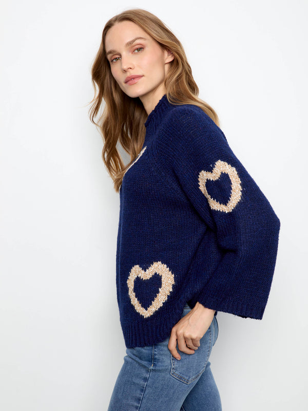 Heart Mock Neck Knit Sweater - Navy