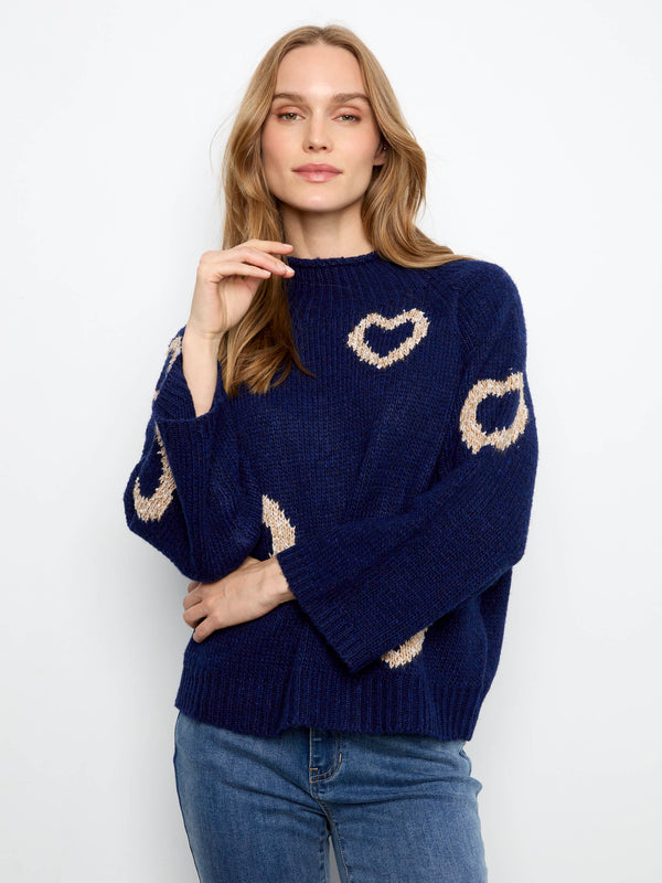 Heart Mock Neck Knit Sweater - Navy