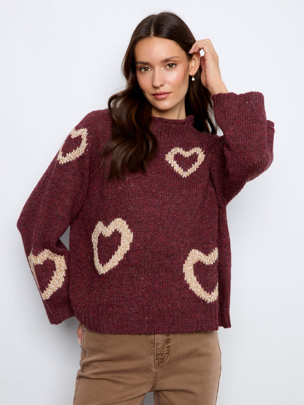 Heart Mock Neck Knit Sweater - Merlot
