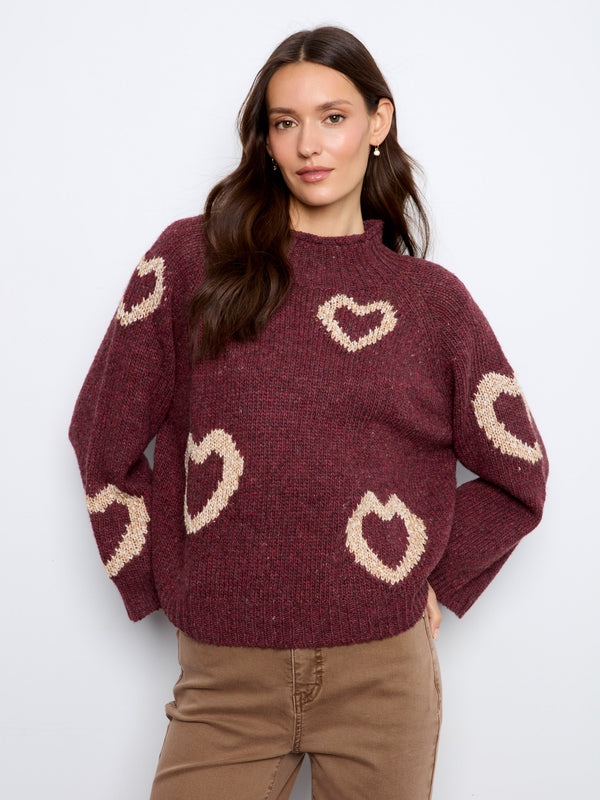 Heart Mock Neck Knit Sweater - Merlot