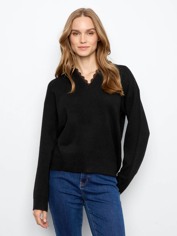 V-Neck Sweater With Woven Trim - Black