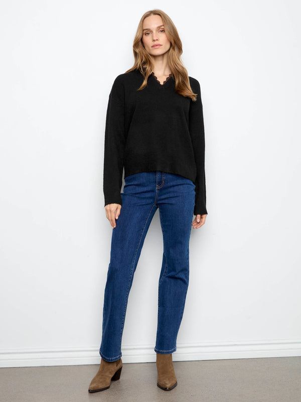 V-Neck Sweater With Woven Trim - Black