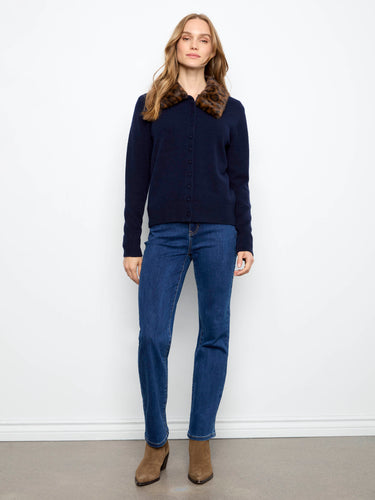 Classic navy cardigan with long sleeves and a cozy button-up style, ideal for any occasion by Charlie B.