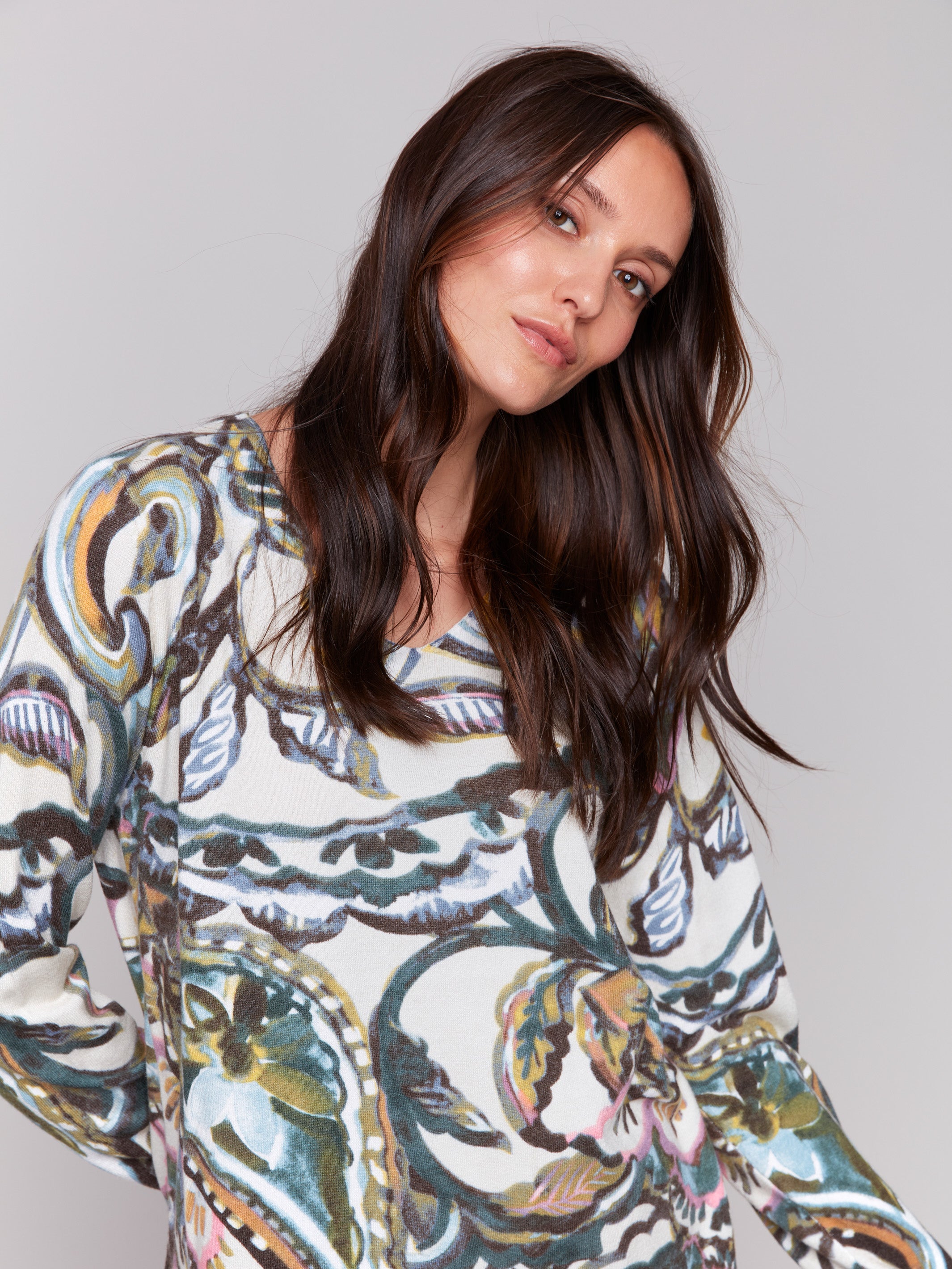 Charlie B Printed Long Sleeve Sweater Calicot Blue