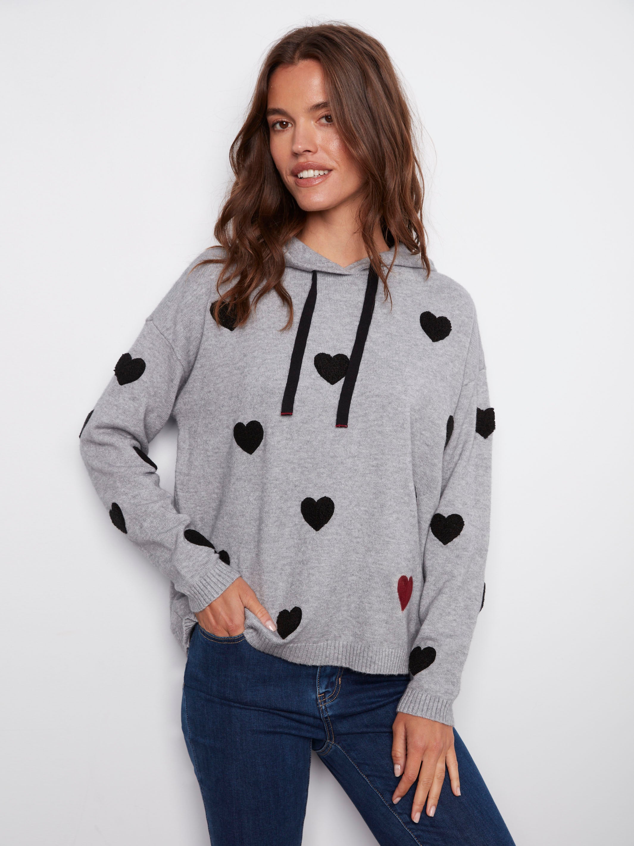 Grey hoodie sweater with bouclé embroidered hearts and a drop shoulder design, offering casual elegance by Charlie B.