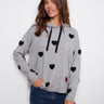 Grey hoodie sweater with bouclé embroidered hearts and a drop shoulder design, offering casual elegance by Charlie B.