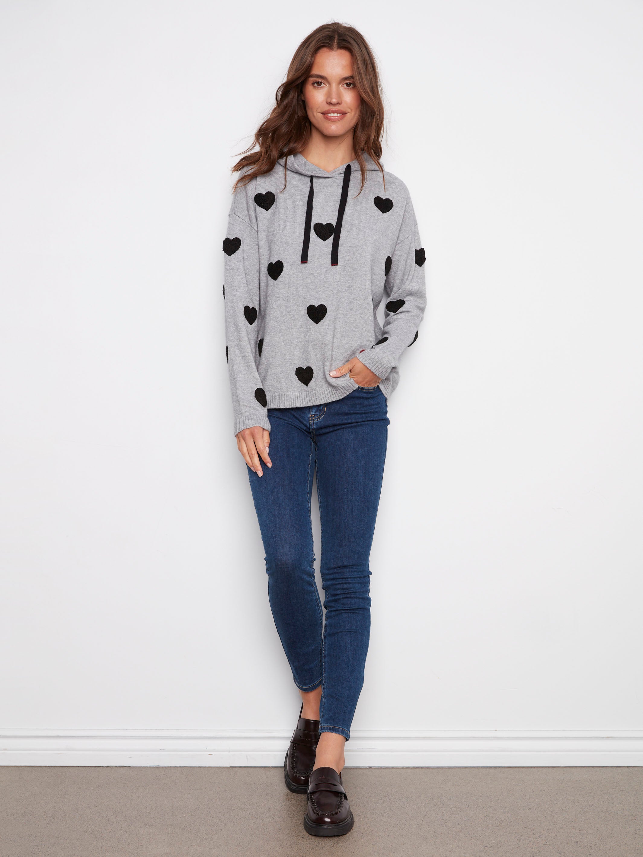 Heather grey hoodie featuring ribbed cuffs and hem, adorned with charming heart patterns by Charlie B.