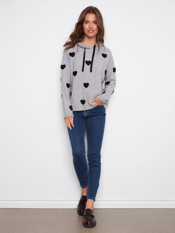 Heather grey hoodie featuring ribbed cuffs and hem, adorned with charming heart patterns by Charlie B.