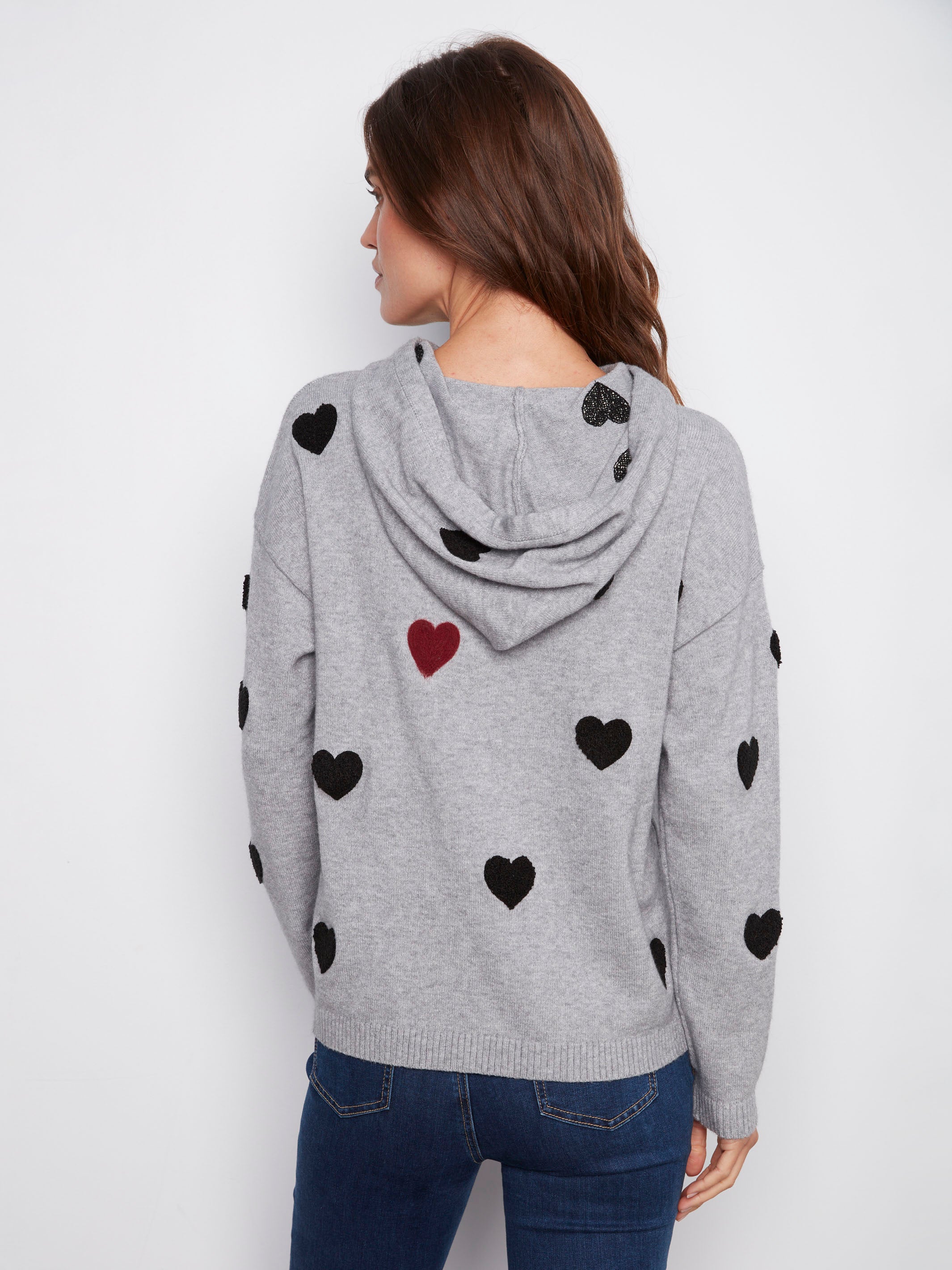 Stylish heather grey hoodie showcasing a drop shoulder style and playful heart designs by Charlie B.