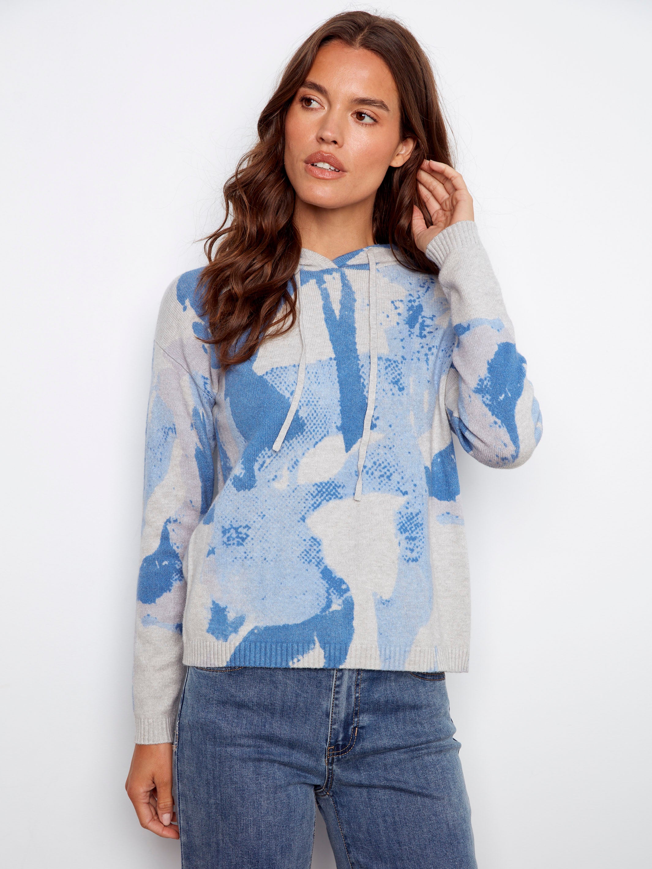 Blue abstract printed hoodie with drawstrings and long sleeves, perfect for casual outings by Charlie B.