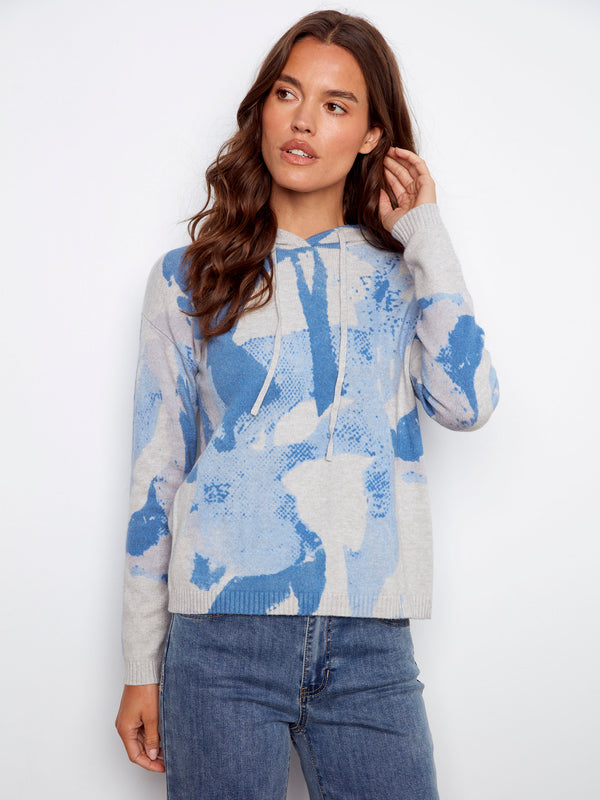 Blue abstract printed hoodie with drawstrings and long sleeves, perfect for casual outings by Charlie B.