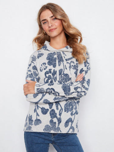 Gray cotton hoodie adorned with a floral print and long sleeves, combining elegance and casual wear by Charlie B.