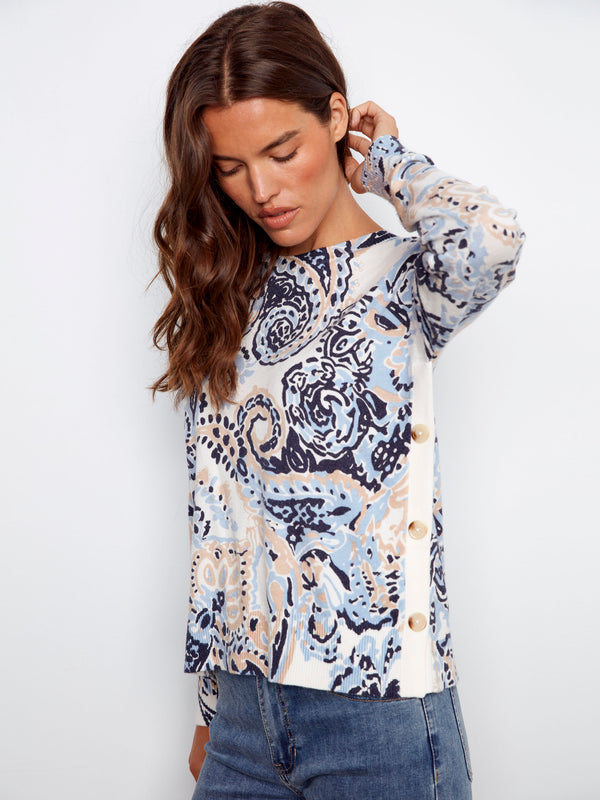 Long sleeves add elegance to this abstract Rococo print sweater, ideal for any occasion by Charlie B.