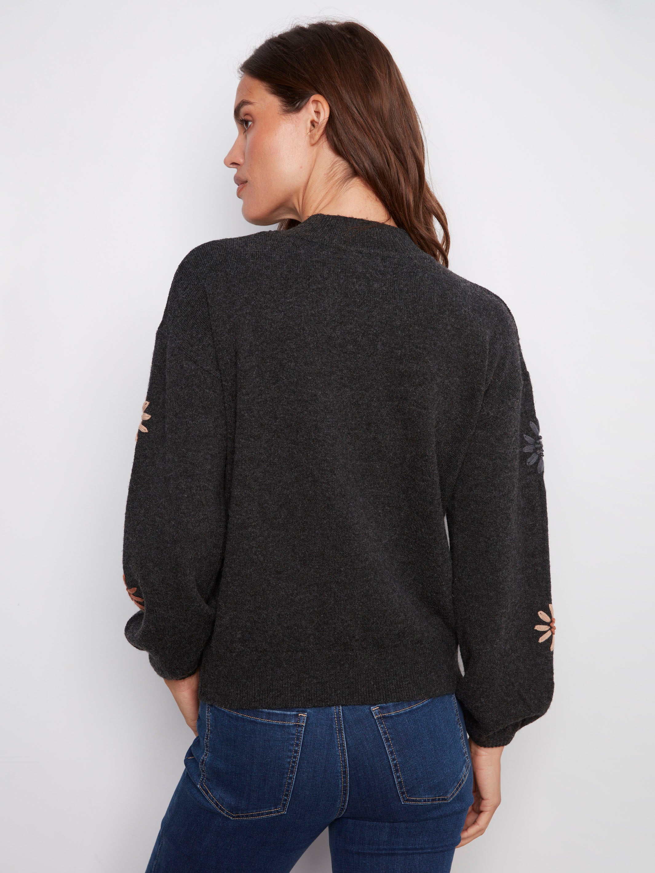 Heather charcoal sweater showcasing beautiful floral embroidery and a relaxed drop shoulder style by Charlie B.