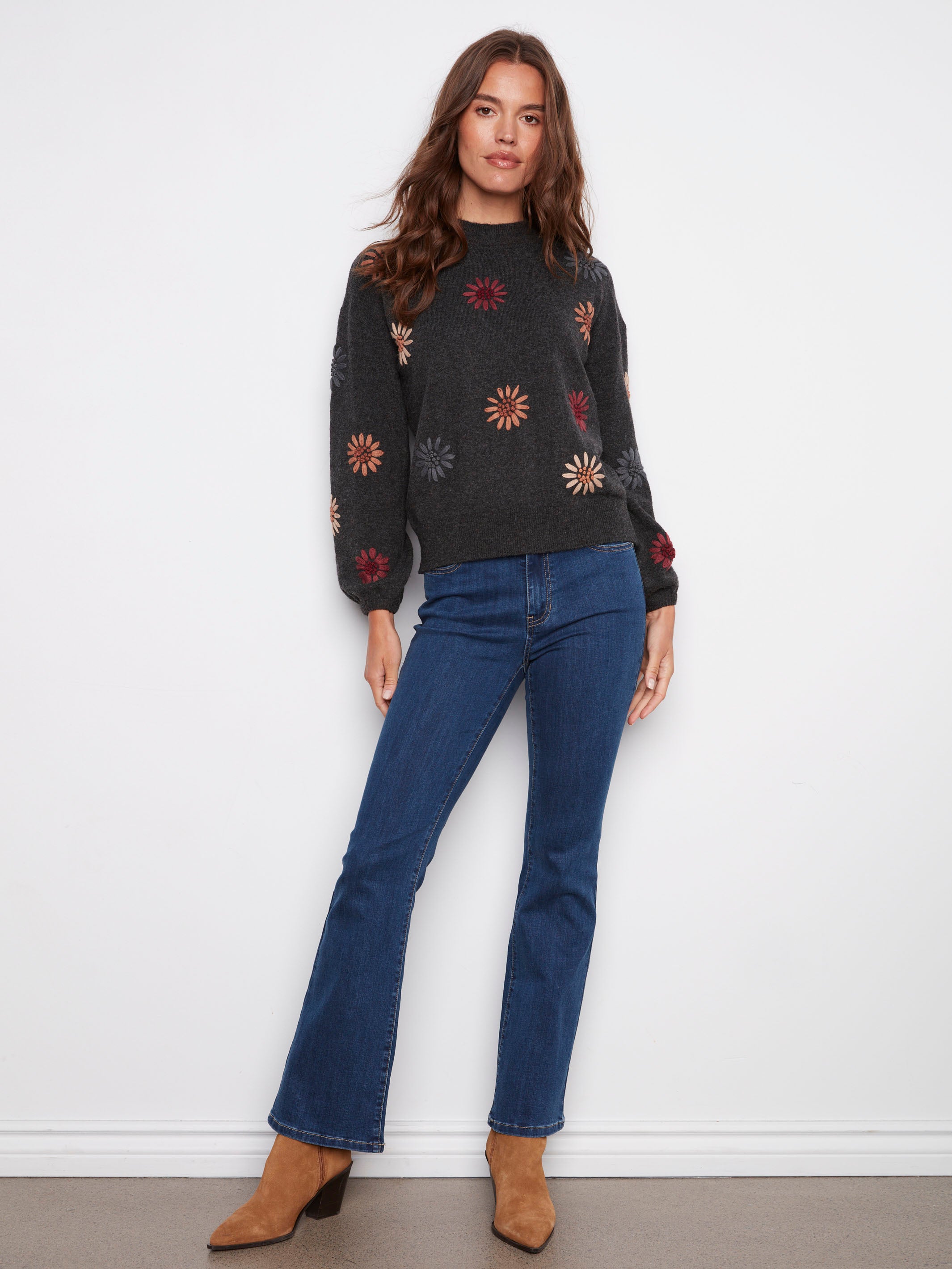 Elegant sweater in heather charcoal with vibrant floral embroidery and elastic cuffs by Charlie B.