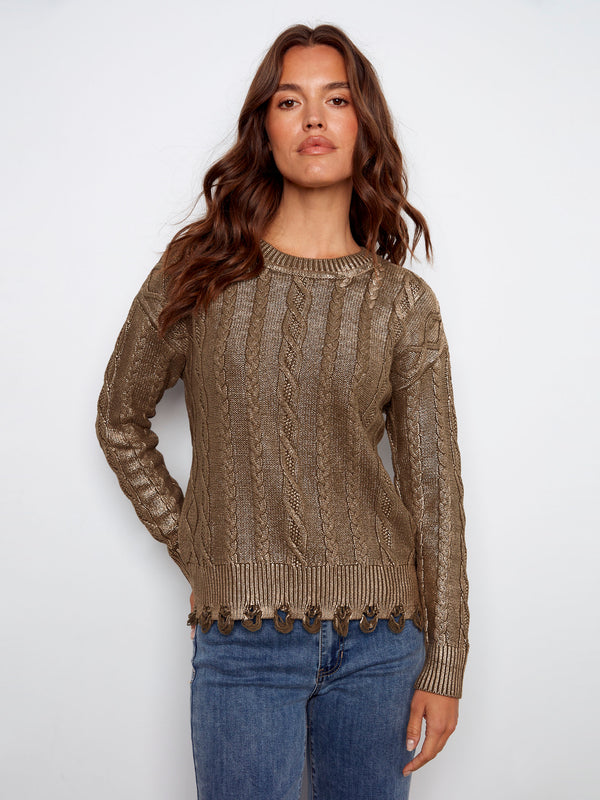 Spruce sweater featuring a distinctive ripped hem effect, adding a touch of edge to a classic style by Charlie B.