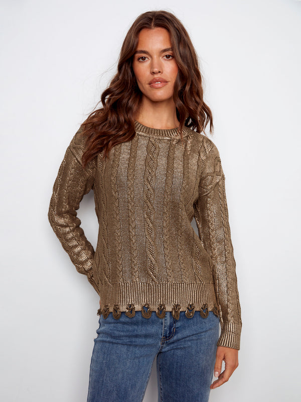Chic cable knit sweater in spruce with unique detailing and modern appeal by Charlie B.