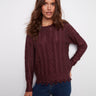 Cable knit sweater in metallic cabernet with a stylish ripped hem effect by Charlie B.