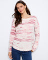Pink and white sweater with a crew neck, featuring plush knit material for added comfort by Charlie B.
