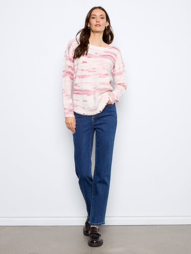 Fashionable drop shoulder sweater in pink and white tones, adding a relaxed fit to your wardrobe by Charlie B.