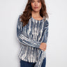 Blue and white abstract printed sweater with a cozy plush texture, perfect for chilly days by Charlie B.