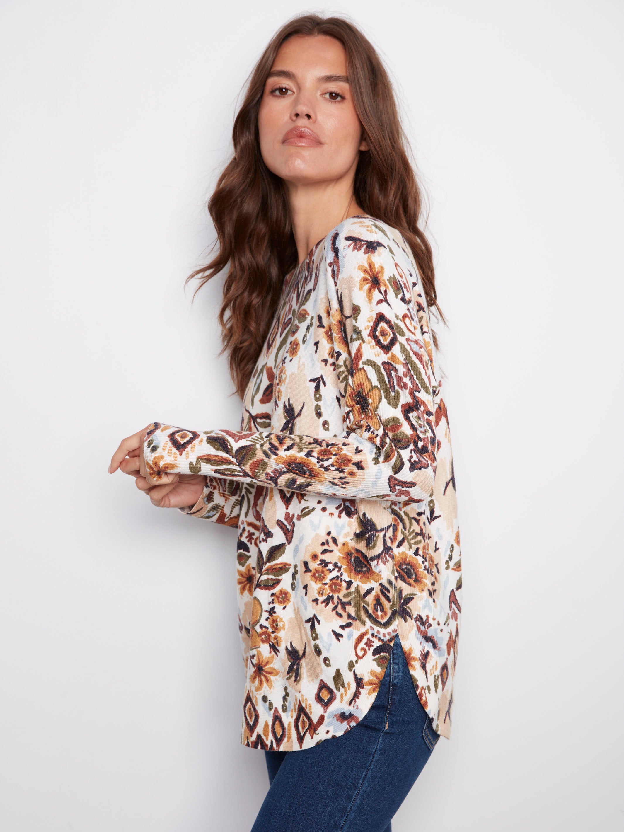 Chic Jacobean sweater with side slits and an eye-catching floral print, ideal for modern fashion lovers by Charlie B.